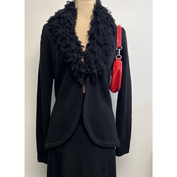 Retro 525 America Cardigan Shaggy Collar Black XL V-Neck Ribbed Sweater Y2K 00s - Picture 3 of 15
